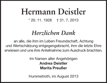Traueranzeige von Hermann Deistler von Echo-Zeitungen (Gesamtausgabe)
