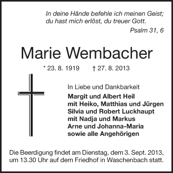 Traueranzeige von Marie Wembacher von Echo-Zeitungen (Gesamtausgabe)