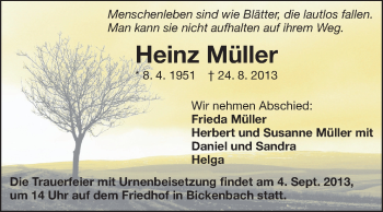 Traueranzeige von Heinz Müller von Echo-Zeitungen (Gesamtausgabe)