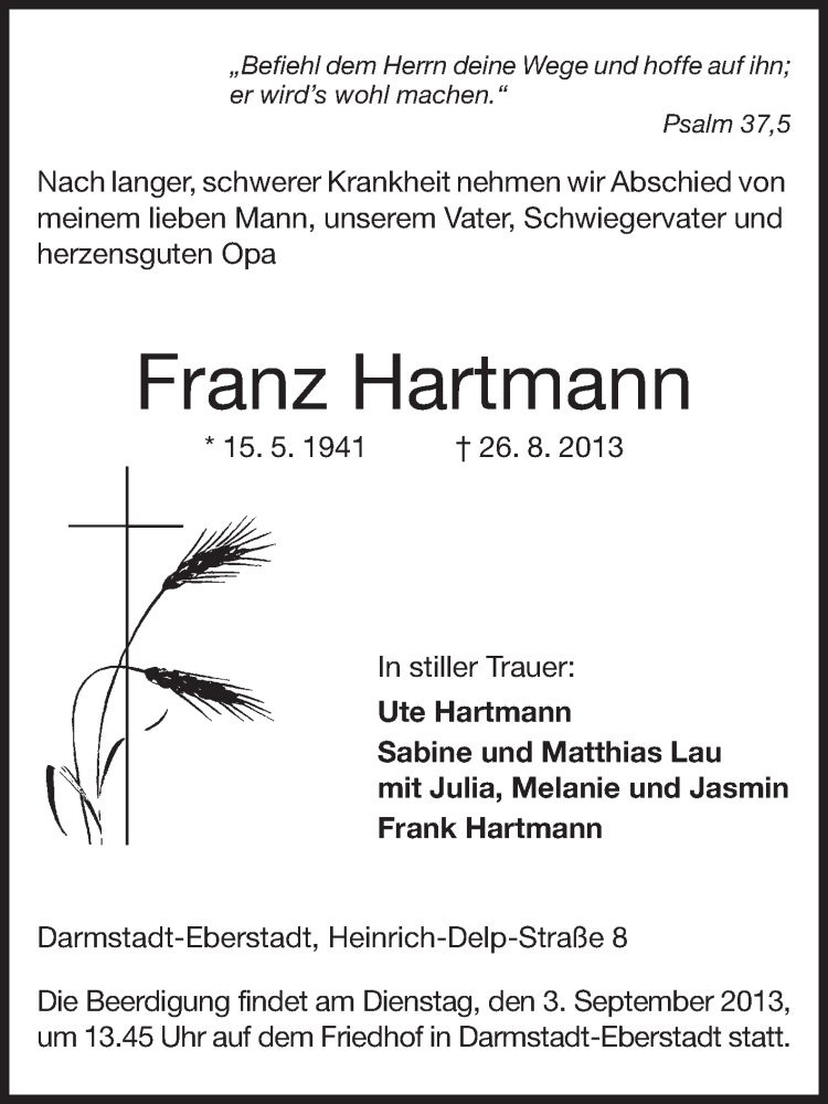  Traueranzeige für Franz Hartmann vom 31.08.2013 aus Echo-Zeitungen (Gesamtausgabe)