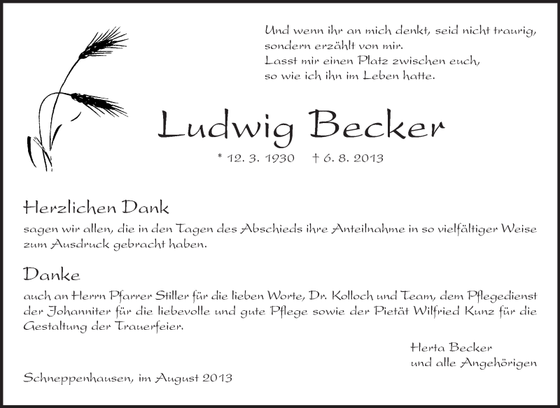  Traueranzeige für Ludwig Becker vom 31.08.2013 aus Echo-Zeitungen (Gesamtausgabe)