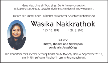 Traueranzeige von Wasika Nakkrathok von Odenwälder Echo