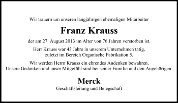 Traueranzeige von Franz Krauss von Echo-Zeitungen (Gesamtausgabe)