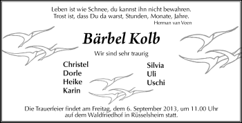 Traueranzeige von Bärbel Kolb von Rüsselsheimer Echo, Groß-Gerauer-Echo, Ried Echo