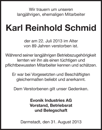 Traueranzeige von Karl Reinhold Schmid von Echo-Zeitungen (Gesamtausgabe)