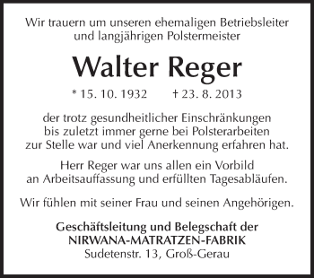 Traueranzeige von Walter Reger  von Rüsselsheimer Echo, Groß-Gerauer-Echo, Ried Echo