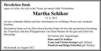 Traueranzeige von Martha Schikor von Odenwälder Echo