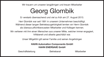 Traueranzeige von Georg Glombik von Echo-Zeitungen (Gesamtausgabe)
