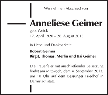 Traueranzeige von Anneliese Geimer von Echo-Zeitungen (Gesamtausgabe)