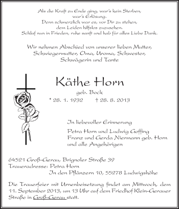Traueranzeige von Käthe Horn von Rüsselsheimer Echo, Groß-Gerauer-Echo, Ried Echo