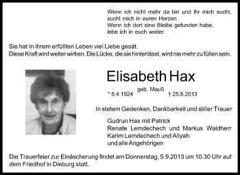 Traueranzeige von Elisabeth Hax von Echo-Zeitungen (Gesamtausgabe)