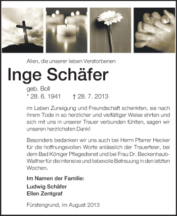 Traueranzeige von Inge Schäfer von Odenwälder Echo