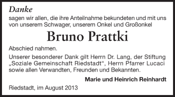 Traueranzeige von Bruno Prattki von Rüsselsheimer Echo, Groß-Gerauer-Echo, Ried Echo