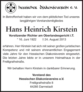 Traueranzeige von Hans Heinrich Kirstein von Echo-Zeitungen (Gesamtausgabe)