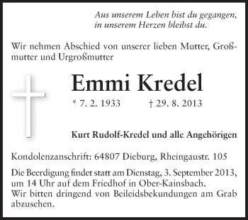 Traueranzeige von Emmi Kredel von Odenwälder Echo