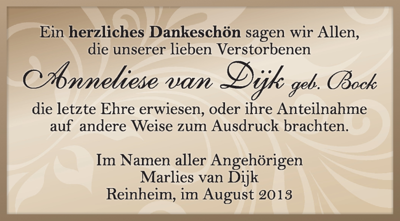  Traueranzeige für Anneliese van Dijk vom 31.08.2013 aus Echo-Zeitungen (Gesamtausgabe)