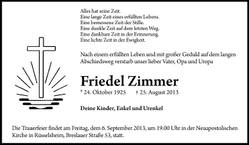 Traueranzeige von Friedel Zimmer von Rüsselsheimer Echo, Groß-Gerauer-Echo, Ried Echo