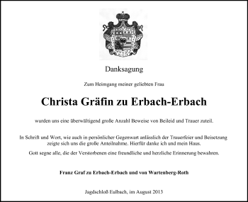 Traueranzeige von Christa Gräfin zu Erbach-Erbach von Odenwälder Echo