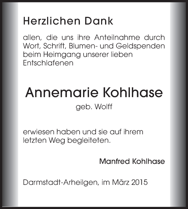  Traueranzeige für Annemarie Kohlhase vom 14.03.2015 aus Echo-Zeitungen (Gesamtausgabe)
