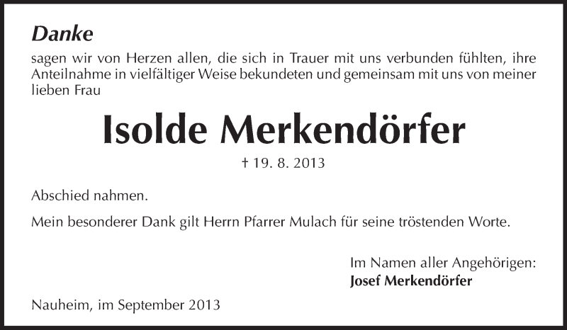  Traueranzeige für Isolde Merkendörfer vom 04.09.2013 aus Rüsselsheimer Echo, Groß-Gerauer-Echo, Ried Echo