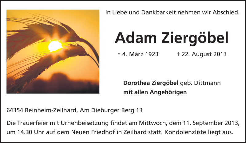  Traueranzeige für Adam Ziergöbel vom 07.09.2013 aus Echo-Zeitungen (Gesamtausgabe)