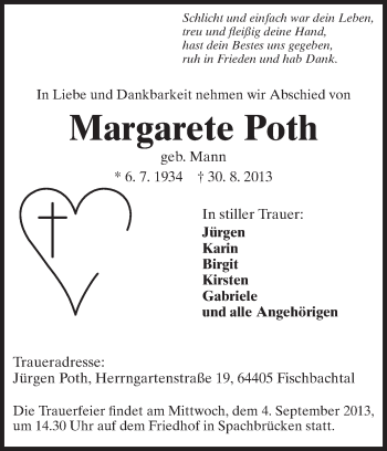 Traueranzeige von Margarete Poth von Darmstädter Echo, Odenwälder Echo, Rüsselsheimer Echo, Groß-Gerauer-Echo, Ried Echo
