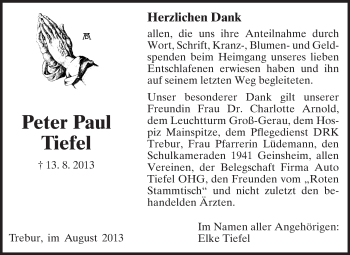 Traueranzeige von Peter Paul Tiefel von Rüsselsheimer Echo, Groß-Gerauer-Echo, Ried Echo