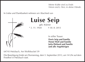 Traueranzeige von Luise Seip von Odenwälder Echo