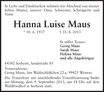 Traueranzeige von Hanna Luise Maus von Echo-Zeitungen (Gesamtausgabe)