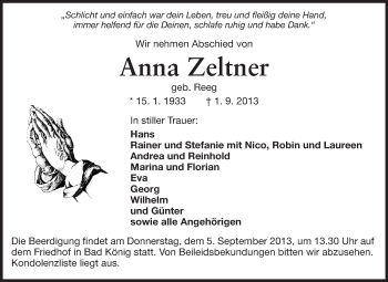 Traueranzeige von Anna Zeltner  von Odenwälder Echo