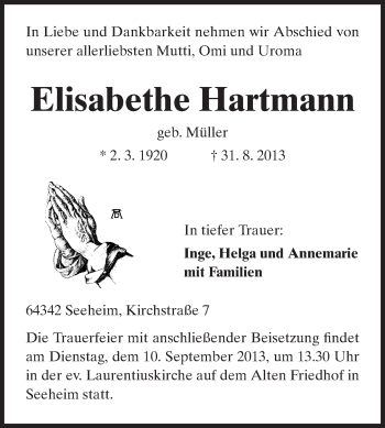 Traueranzeige von Elisabethe Hartmann von Echo-Zeitungen (Gesamtausgabe)