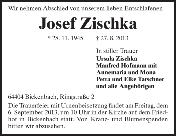 Traueranzeige von Josef Zischka von Echo-Zeitungen (Gesamtausgabe)