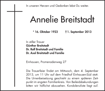 Traueranzeige von Annellie Breitstadt von Echo-Zeitungen (Gesamtausgabe)