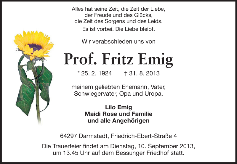  Traueranzeige für Fritz Emig vom 07.09.2013 aus Echo-Zeitungen (Gesamtausgabe)
