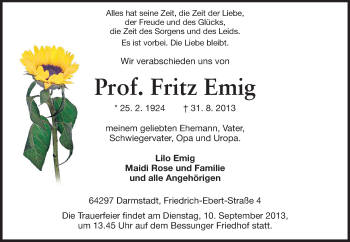 Traueranzeige von Fritz Emig von Echo-Zeitungen (Gesamtausgabe)