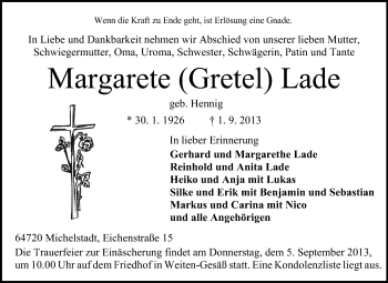 Traueranzeige von Margarete Lade von Odenwälder Echo