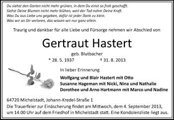 Traueranzeige von Gertraut Hastert von Odenwälder Echo