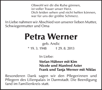 Traueranzeige von Petra Werner von Darmstädter Echo, Odenwälder Echo, Rüsselsheimer Echo, Groß-Gerauer-Echo, Ried Echo