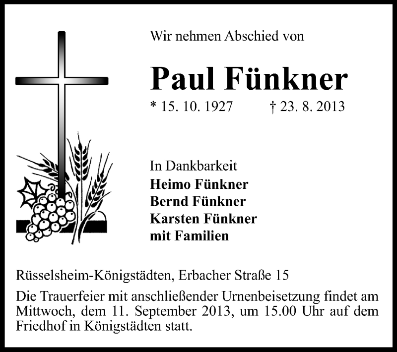  Traueranzeige für Paul Fünkner vom 04.09.2013 aus Rüsselsheimer Echo, Groß-Gerauer-Echo, Ried Echo