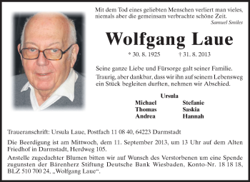 Traueranzeige von Wolfgang Laue von Darmstädter Echo, Odenwälder Echo, Rüsselsheimer Echo, Groß-Gerauer-Echo, Ried Echo
