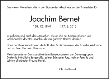 Traueranzeige von Joachim Bernet von Echo-Zeitungen (Gesamtausgabe)
