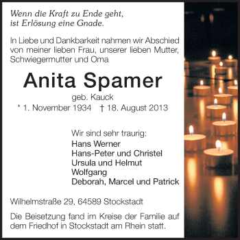 Traueranzeige von Anita Spamer von Echo-Zeitungen (Gesamtausgabe)
