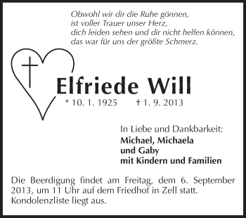 Traueranzeige von Elfriede Will von Odenwälder Echo