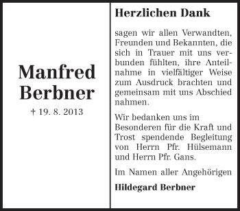 Traueranzeige von Manfred Berbner von Echo-Zeitungen (Gesamtausgabe)