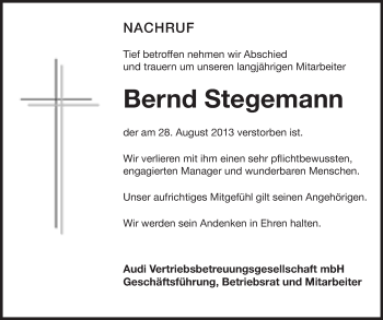 Traueranzeige von Bernd Stegemann von Echo-Zeitungen (Gesamtausgabe)