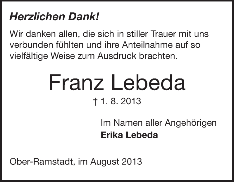  Traueranzeige für Franz Lebeda vom 07.09.2013 aus Echo-Zeitungen (Gesamtausgabe)