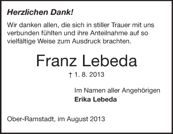 Traueranzeige von Franz Lebeda von Echo-Zeitungen (Gesamtausgabe)