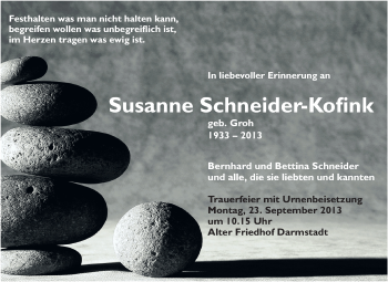 Traueranzeige von Susanne Schneider-Kofink von Echo-Zeitungen (Gesamtausgabe)