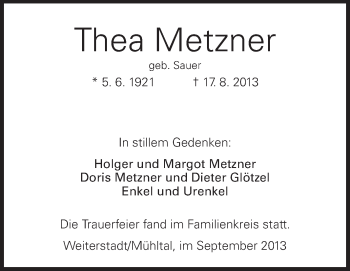 Traueranzeige von Thea Metzner von Echo-Zeitungen (Gesamtausgabe)