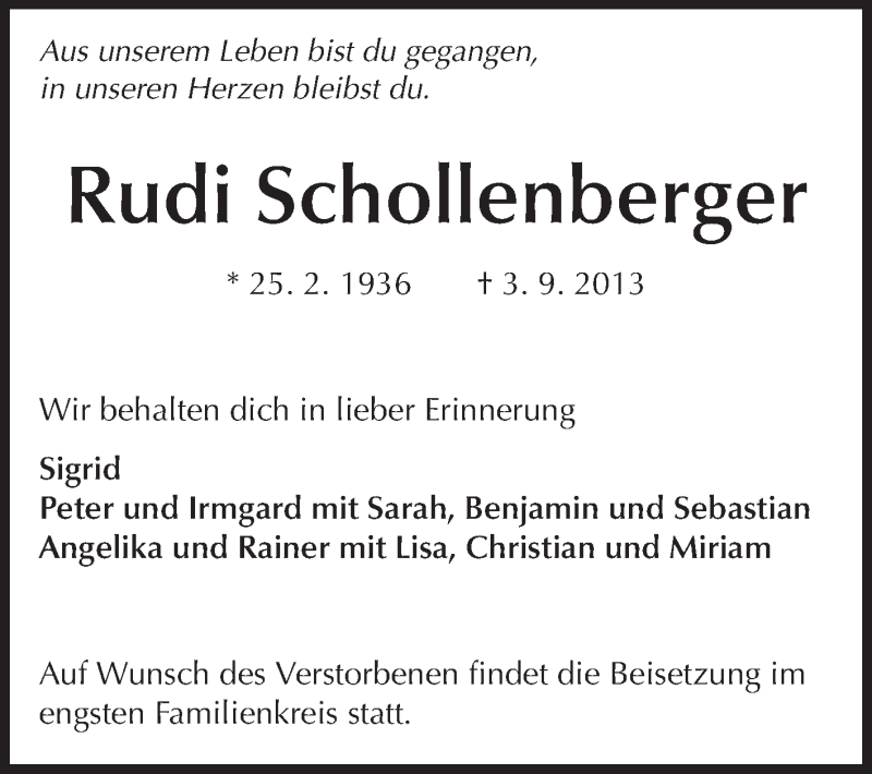  Traueranzeige für Rudi Schollenberger vom 09.09.2013 aus Echo-Zeitungen (Gesamtausgabe)